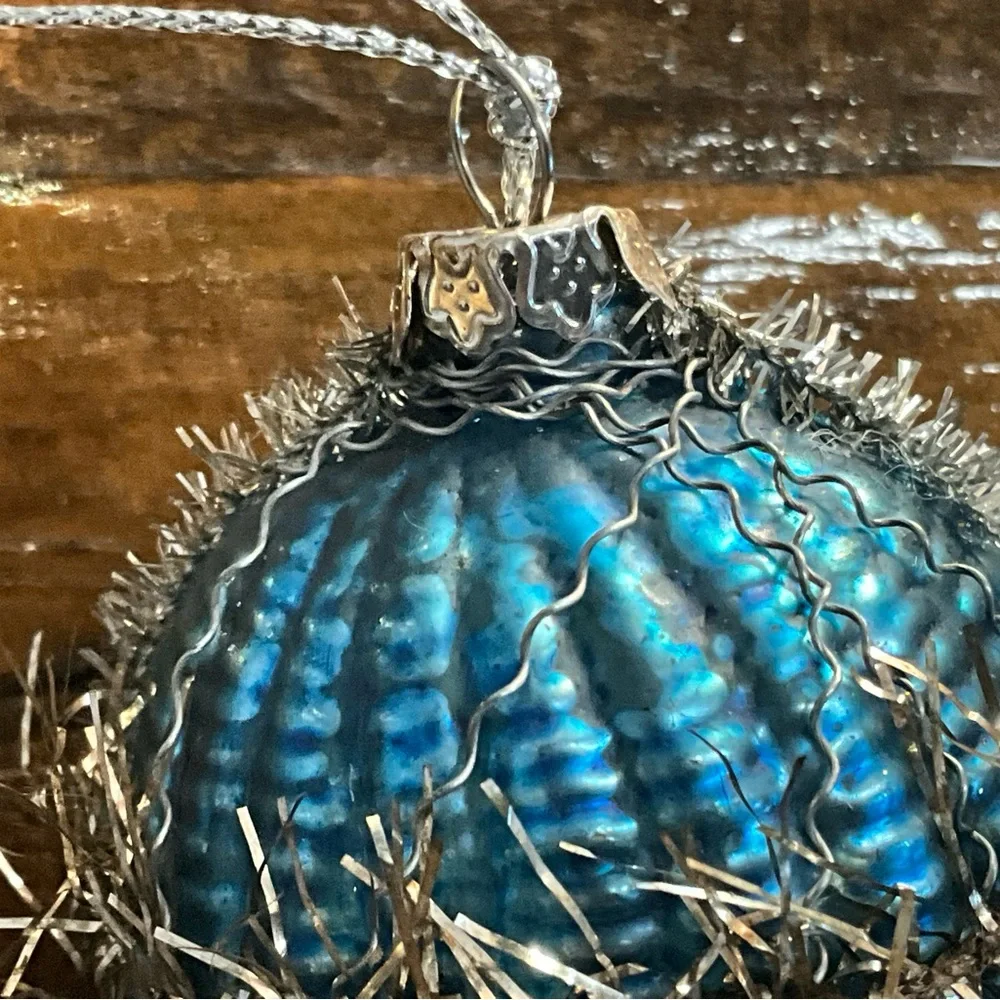 Unique Blue Glass Ornament with Wire Tinsel Beads